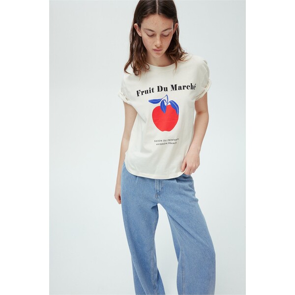 H&M Bawełniany T-shirt - Okrągły dekolt - Krótki rekaw - 0979329121 Biały/Fruit Du Marché