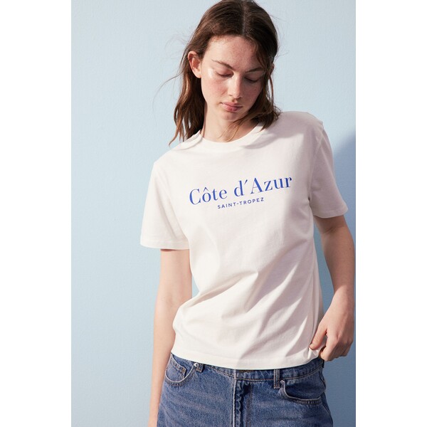 H&M Bawełniany T-shirt - Okrągły dekolt - Krótki rekaw - 0979329121 Biały/Côte d"Azur