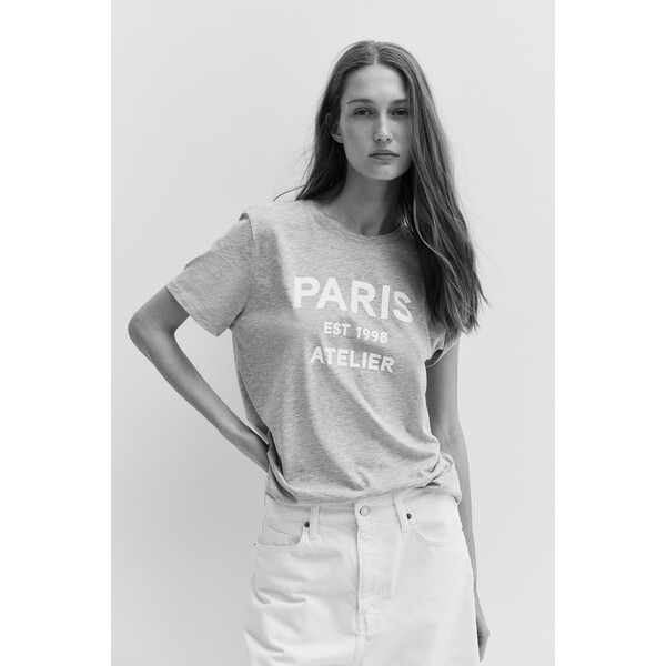 H&M Bawełniany T-shirt - Okrągły dekolt - Krótki rekaw - 0979329121 Jasnoszary melanż/Paris