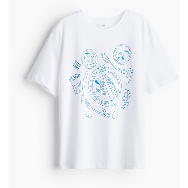 H&M Bawełniany T-shirt - Okrągły dekolt - Krótki rekaw - 0979329121 Biały/Piknikowy prowiant
