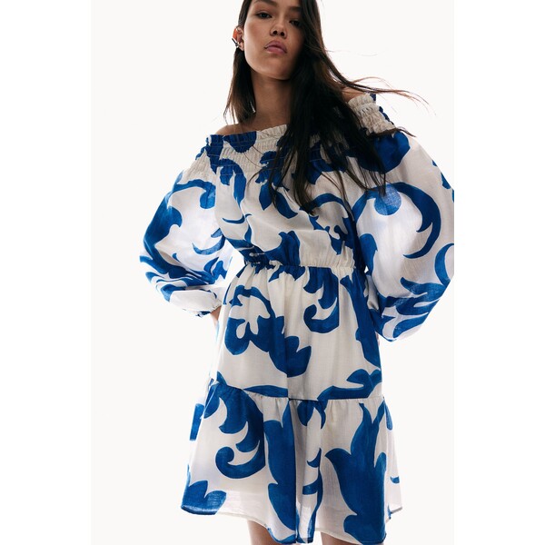H&M Sukienka z odkrytymi ramionami - Długi rękaw - Krótka - 1238328003 Biały/Niebieski wzór