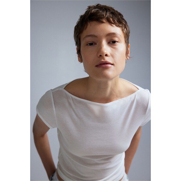 H&M Prześwitujący T-shirt w prążki - Dekolt w łódeczkę - Krótki rekaw - 1234742003 Biały