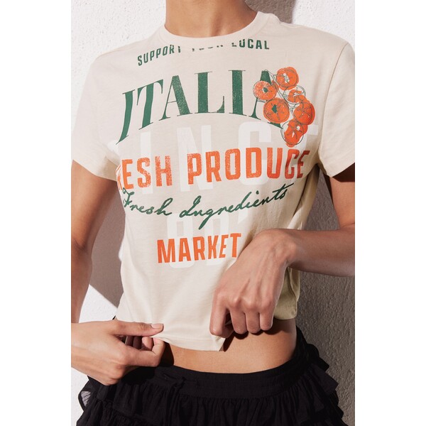 H&M T-shirt z nadrukiem - Okrągły dekolt - Krótki rekaw - 1198432002 Jasnobeżowy/Pomidory