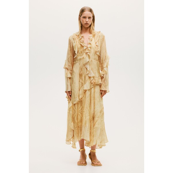 H&M Wzorzysta sukienka z falbanami - Dekolt w serek - Długi rękaw - 1224168001 Pastelowy żółty/Wzór