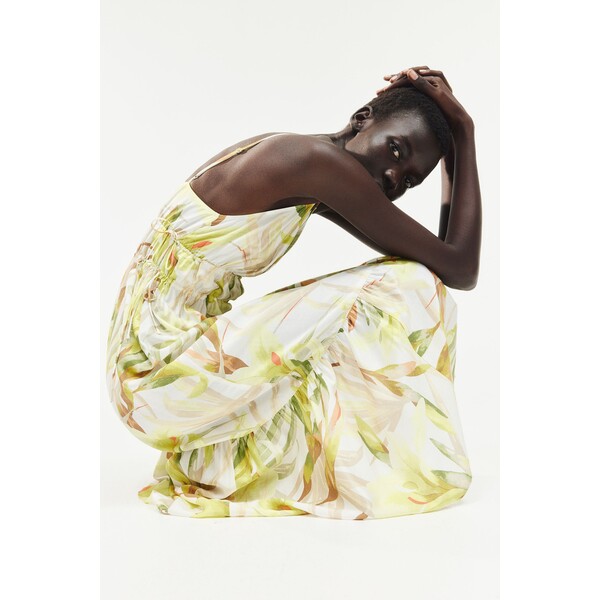 H&M Długa sukienka z tasiemką do ściągania - Głęboki dekolt - Bez rękawów - 1233862005 Biały/Żółte kwiaty