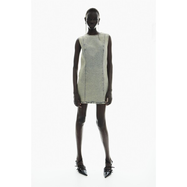 H&M Trapezowa sukienka z diagonalu - Okrągły dekolt - Bez rękawów - 1243030002 Niebieski denim/Jasnobeżowy