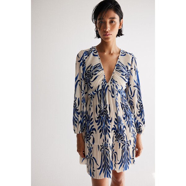 H&M Plisowana sukienka - Dekolt w serek - Długi rękaw - 1224087003 Kremowy/Niebieski wzór