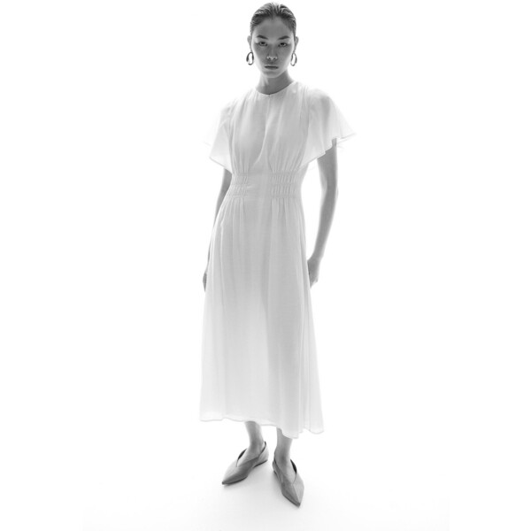 H&M Długa sukienka z elastycznym marszczeniem - Okrągły dekolt - Krótki rekaw - 1237994003 Kremowy