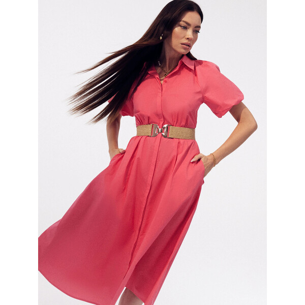 Taranko Koralowa sukienka szmizjerka z bufkami B4SK07N