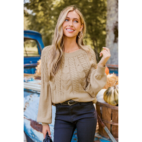 Cupshe Sweter z bufiastymi rękawami w kolorze khaki Cable Knit CAA06A4J055HG