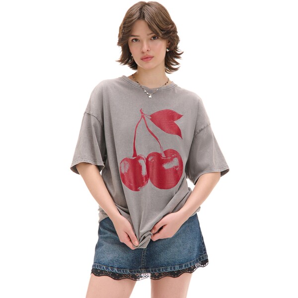 Cropp Szary T-shirt oversize z wiśniami 0659Z-90M