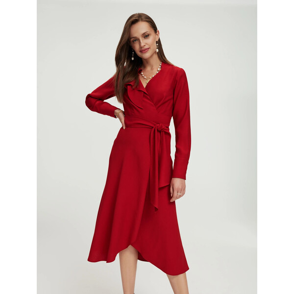 Taranko Czerwona sukienka z falbaną przy dekolcie N2SK04N