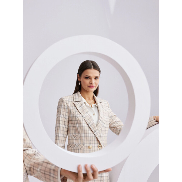 Taranko Beżowy żakiet w kratę ze złotymi guzikami A3ZKC0D