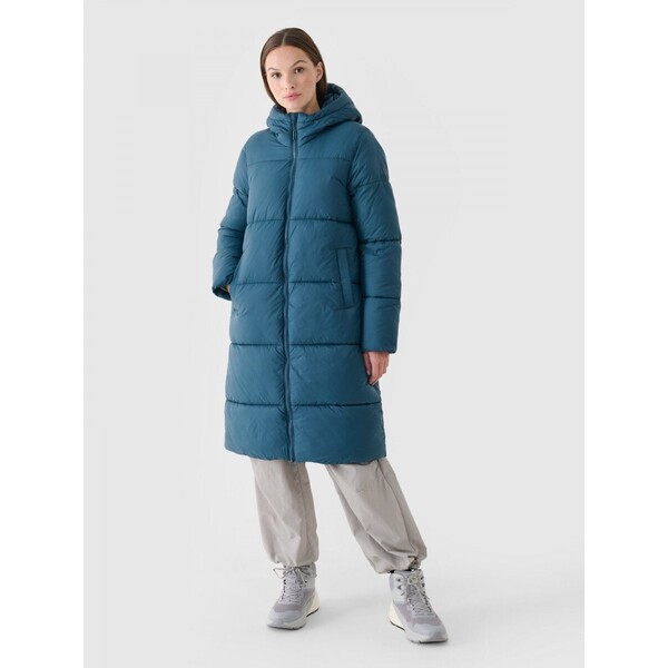 Damski płaszcz puchowy pikowany 4F 4FWAW24TDJAF475 - turkusowy