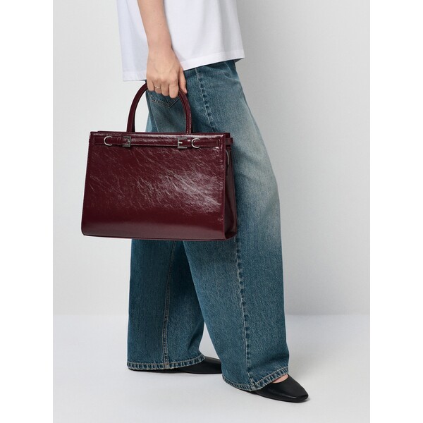 House Bordowa torba shopper z ozdobnym paskiem i klamerkami 084GQ-83X