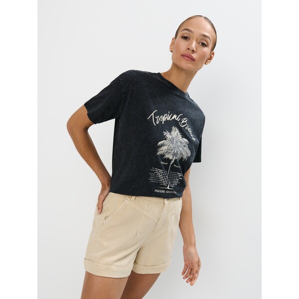 Mohito Bawełniany szary t-shirt z nadrukiem 894ER-90X