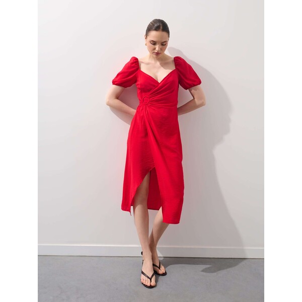 Mohito Czerwona sukienka midi z bufiastymi rękawami 178FO-33X