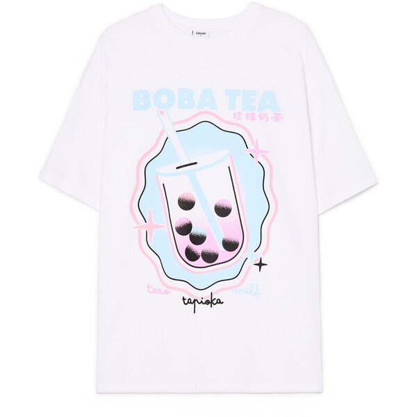 Cropp Biała koszulka z motywem bubble tea 229CV-00X