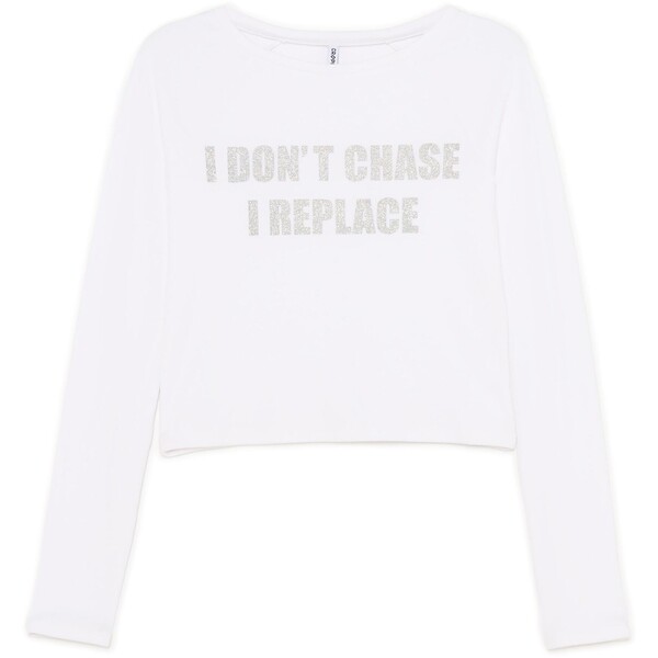 Cropp Biała koszulka z brokatowym napisem 716FL-00X