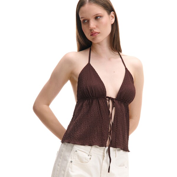 Cropp Brązowa bluzka z wiązaniem na szyi 762CU-88X