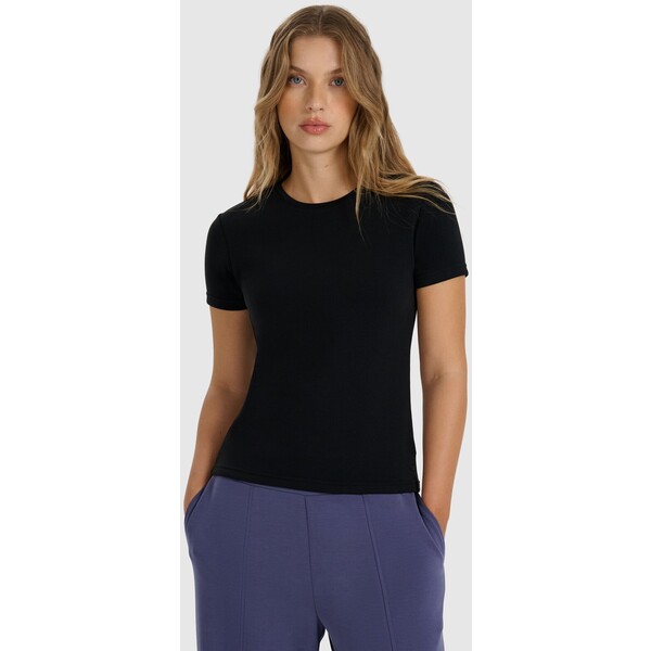 4F T-shirt z prążkowanej dzianiny z modalem damski - czarny