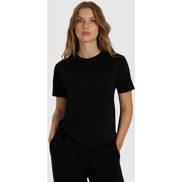 4F T-shirt regular gładki damski - czarny