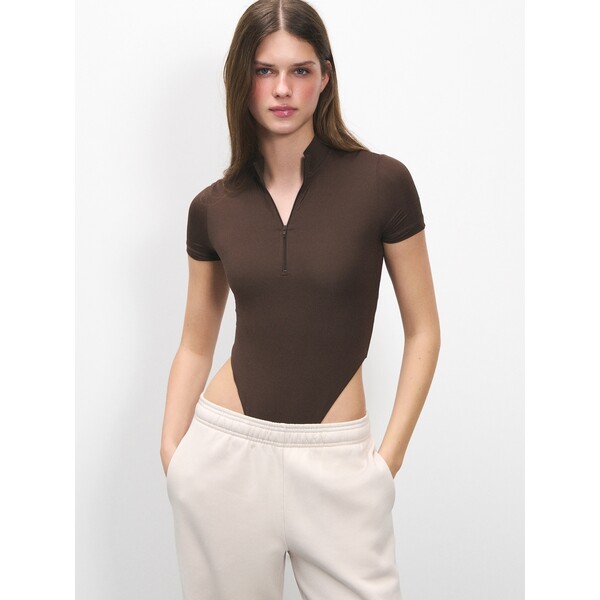 House Brązowe body ULTRAFLEX z krótkim rękawem i stójką na zamek 719GP-88X