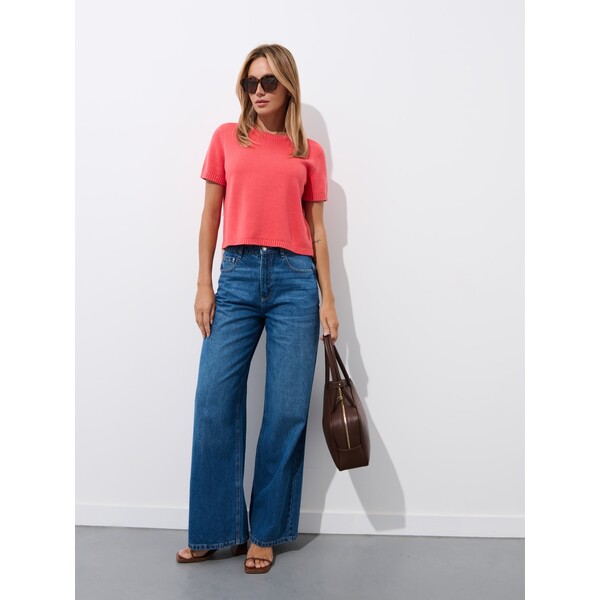 Mohito Bawełniany koralowy sweter z krótkim rękawem 372EQ-32X