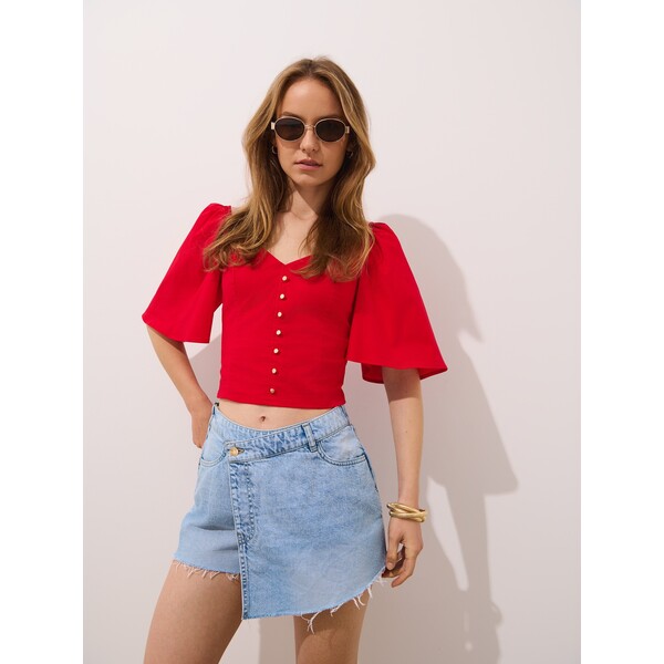 Mohito Czerwona bluzka z bufiastymi rękawami 403GG-33X