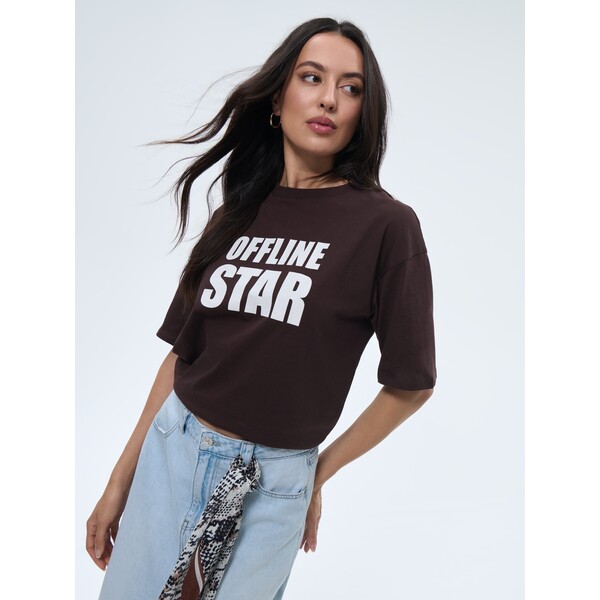 Mohito Bawełniany brązowy t-shirt z nadrukiem 207IM-88X