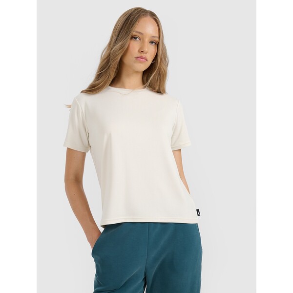 4F T-shirt z prążkowanej dzianiny z modalem damski - beżowy