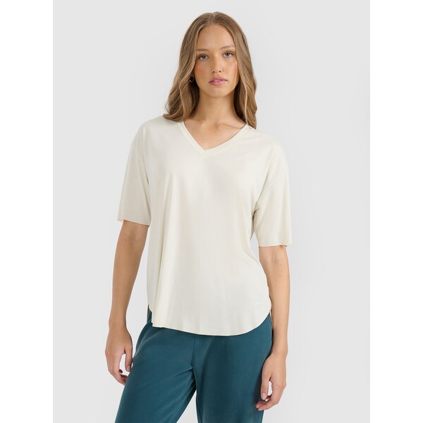 4F T-shirt oversize z modalem damski - beżowy