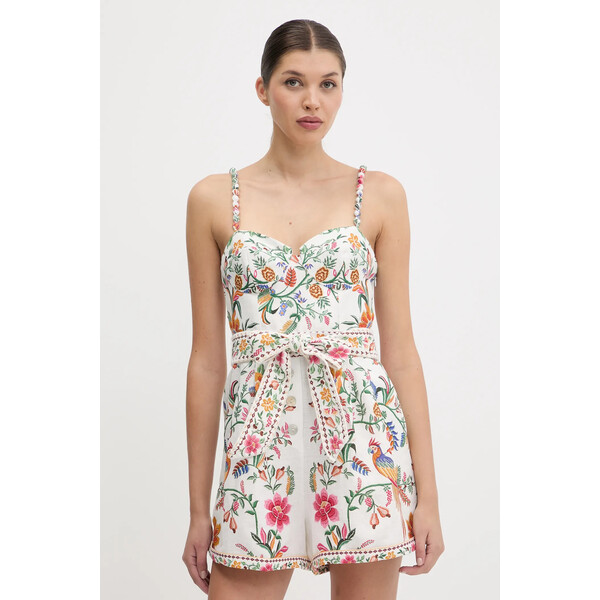 Farm Rio kombinezon lniany  kolor biały z dekoltem w szpic 336136