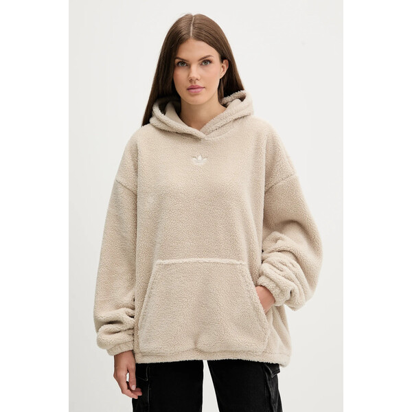 adidas Originals bluza polarowa Teddy  damska kolor beżowy z kapturem z aplikacją JW6061