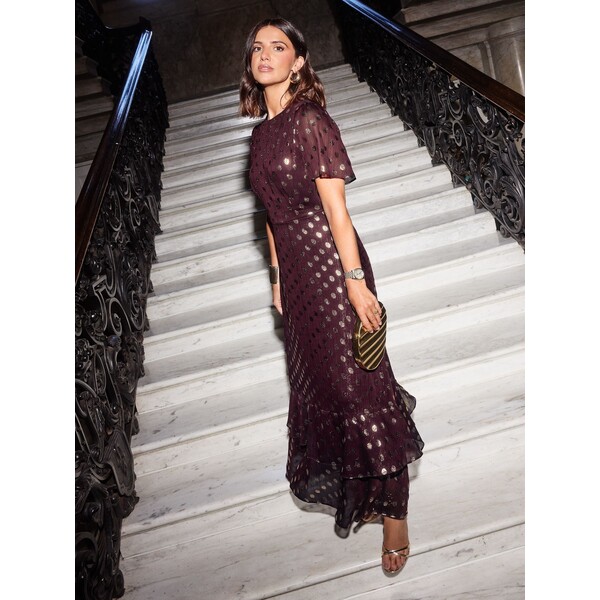 Czerwony - Friends Like These Foil Spot Short Sleeve Chiffon Tiered Maxi Dress H23-932