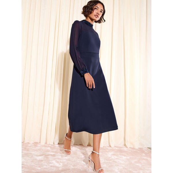 Granatowy - Friends Like These Chiffon Scuba Sequin Trim Midi Dress H24-000