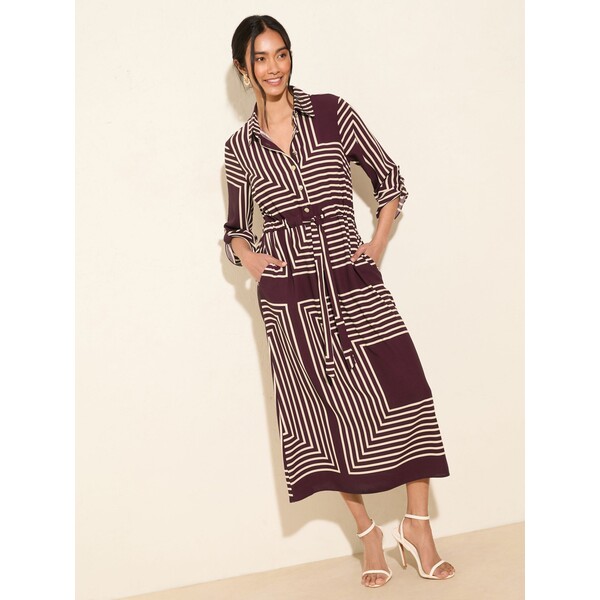 Fioletowy w geometryczne wzory - Sukienka koszulowa midi Friends Like These z długim rękawem zapinana na guziki F47-898