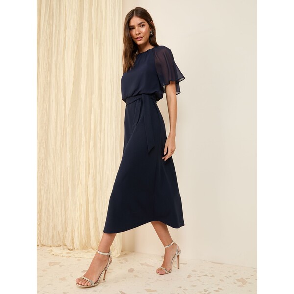 Granatowy - Szyfonowa sukienka midi Friends Like These z falbaniastymi rękawami z materiału scuba F03-403