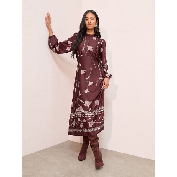 Fioletowy z motywem kwiatowym - Friends Like These X Lucy Mecklenburgh Satin Long Puff Sleeve High Neck Midi Dress H23-908