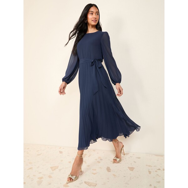 Granatowy - Plisowana szyfonowa sukienka midi Friends Like These z rozkloszowanymi rękawami F03-395