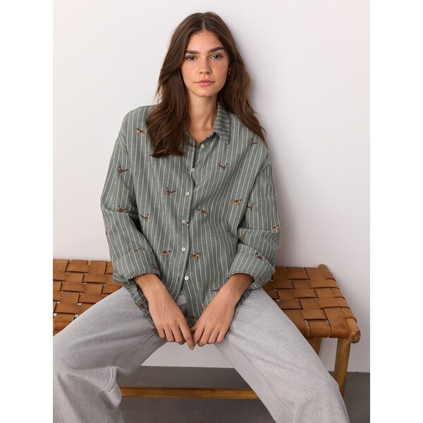 Next Zielono-białe paski - Conversational Embroidered Long Sleeve Shirt F77-218