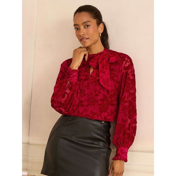 Love & Roses Red Velvet Burnout - Love &amp; Roses Long Sleeve Pussybow Blouse H18-289
