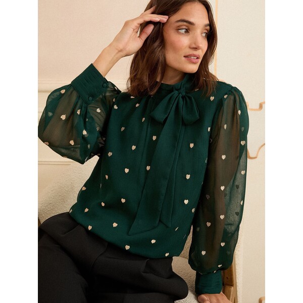 Love & Roses Forest Green Gold Embroidered Heart - Love &amp; Roses Long Sleeve Pussybow Blouse F86-696