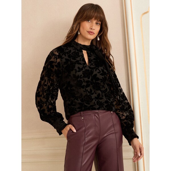 Love & Roses Czarny aksamitny z wypalanym wzorem - Love &amp; Roses Long Sleeve Pussybow Blouse F67-938