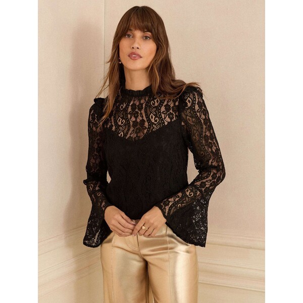 Love & Roses Czarny - Love &amp; Roses Lace Flute Sleeve Blouse W28-839