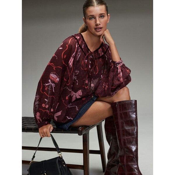 Next Burgundy Red/Pink Festive Bow Print - Tie-Neck Long Sleeve Blouse H15-330