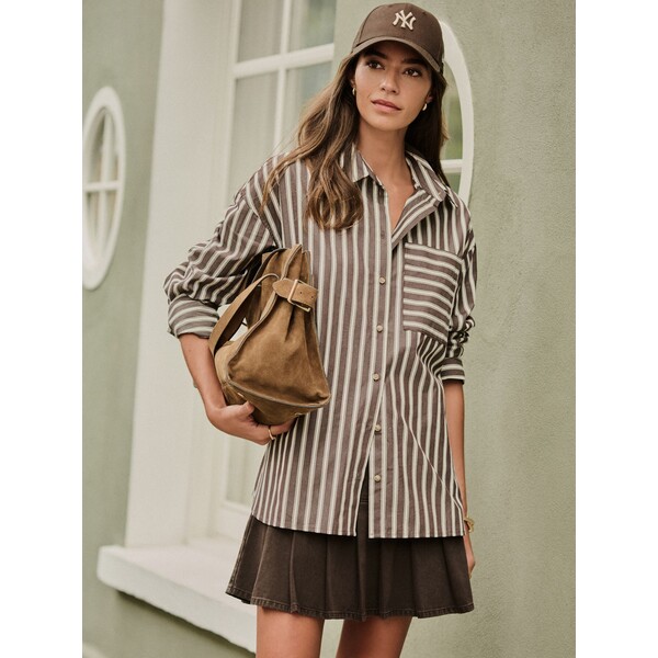 Next Czekoladowo-brązowy w paski - Oversized Long Sleeve Boyfriend Shirt F49-161