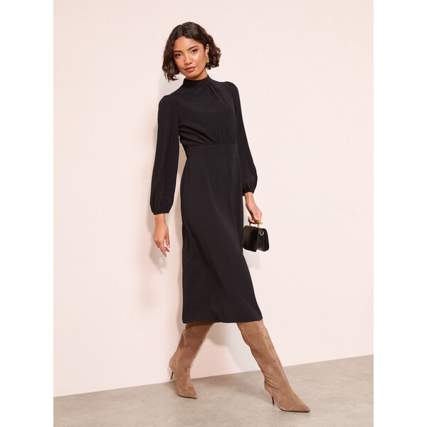 Czarny - Sukienki midi Friends Like These z długim rękawem, wysokim dekoltem i ozdobnymi kokardkami W34-489