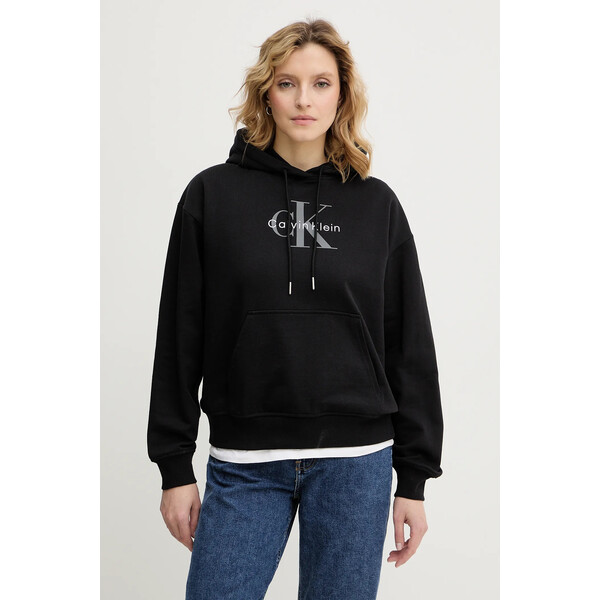 Calvin Klein Jeans bluza  damska kolor czarny z kapturem gładka LV047E221G