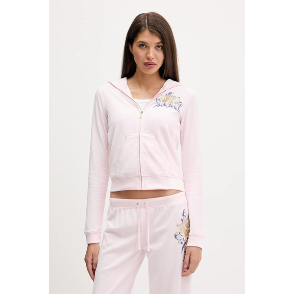 Juicy Couture bluza welurowa Wrap You Up  damska kolor różowy z kapturem z nadrukiem JCNAS126451